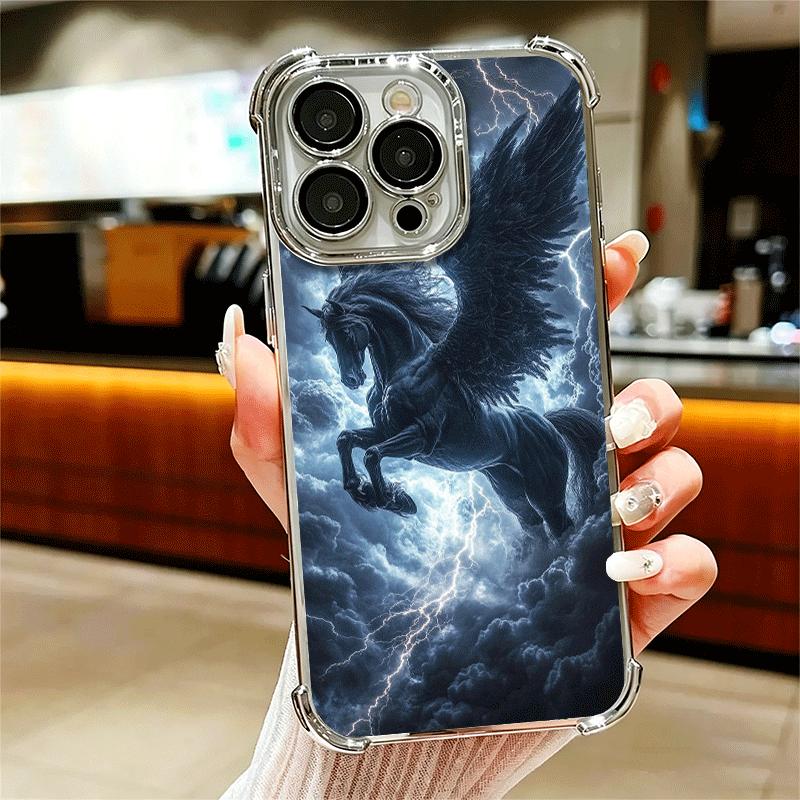 

Black Horse Galloping Plating Phone Case For Iphone 16 17 Pro Max Air 16E 14 15 Plus 12 13 Mini Anti-Fall Airabag Cover iPhone 17 Pro