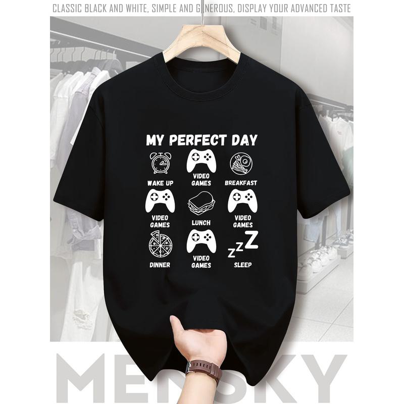 Big & Tall T Shirt For Men Men'S Casual Game Pattern T-Shirt-My Perfect Day Design With Video Game And Food Icon, Breathable Summer Short Sleeve