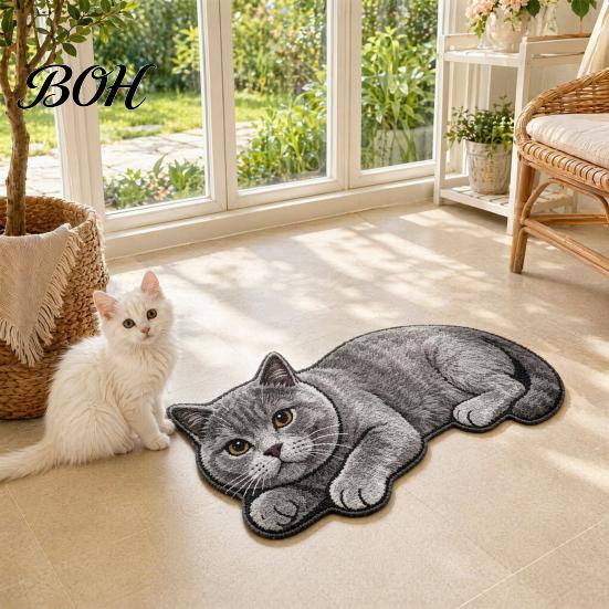 Tile And Wood Floor Mat Cute Cat Bathroom Rug, Anti-Slip Absorbent Bath Washable Plush Easy Care Kitty Door for Entrance Kitchen Home Decor Safety Rug