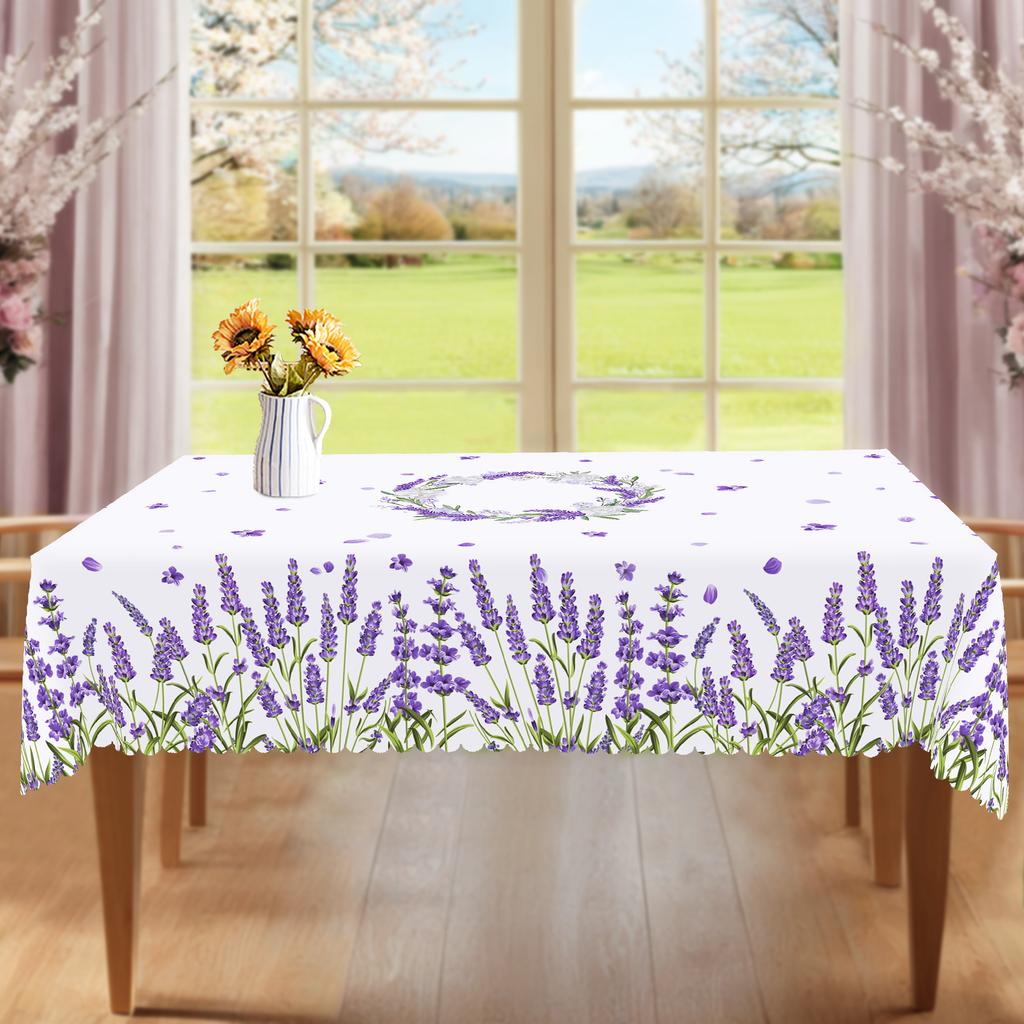 1 Piece Spring And Summer Purple Lavender Pattern Round Tablecloth, Flower Print Rectangular Tablecloth, Party Tablecloth, Home Table Decoration, Cour