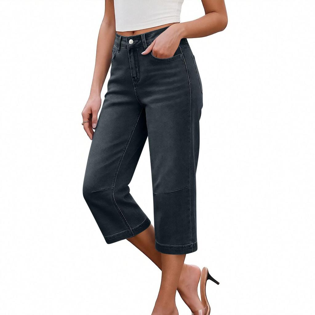 Capris Jeans Femininos de Cintura Alta Jeans Cropped Casual de Perna Larga Com Bolsos