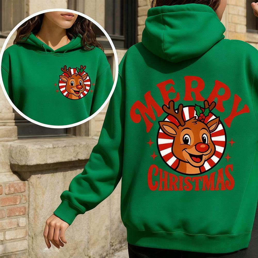 Retro Merry Christmas Reindeer 2-Sided Graphic Women Hoodies Vintage Christmas Reindeer Tops Festive Christmas Women's Clothing