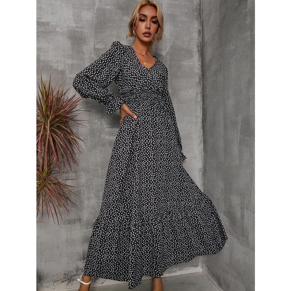 Women s V Neck Long Sleeve Floral Print Loose Fit High Waist Casual Maxi Dress S
