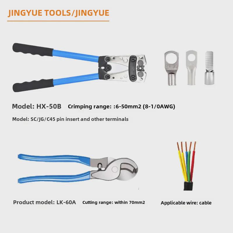 HX-50B Crimping Pliers Set for Large Copper/Aluminum Bare Terminals with Cable Cutter and Aluminum Handle.