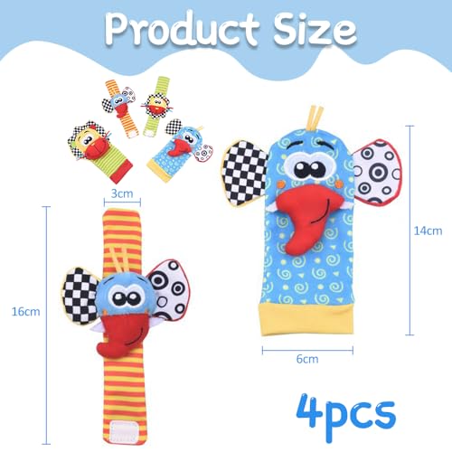 Baby Wrist Rattles Socks and Foot Finder Toy Set, 4-Piece Newborn Learning Toys for 0-12 Months Boys Girls, Baby Shower Birthday Gift