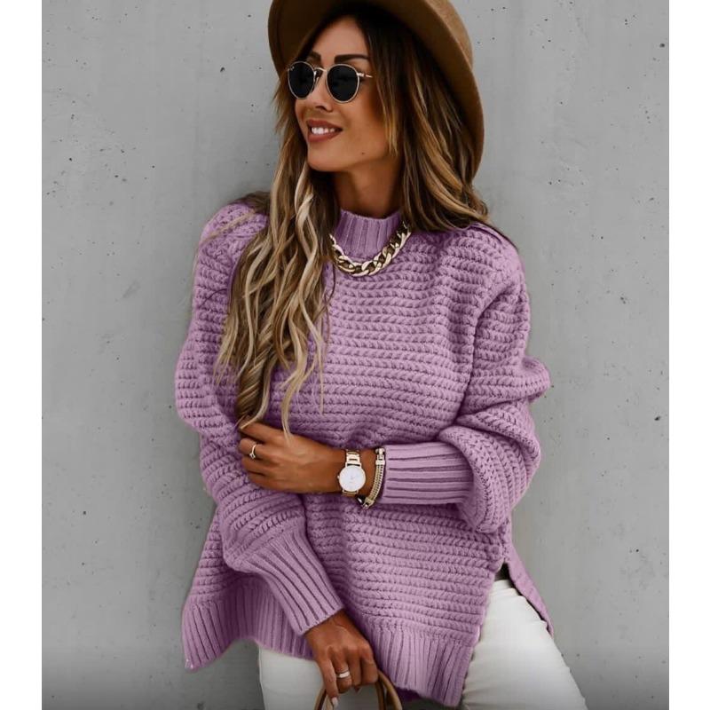 Ensfarvet lanterneermet strikket damegenser halv høy krage side splitt genser topper europeisk og amerikansk dame løse gensere