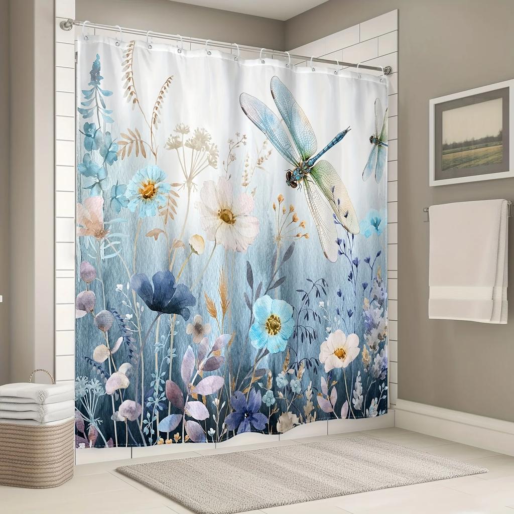 1Pc Watercolor Blue Dragonfly Shower Curtain - Wildflowers & Grass, Polyester, 71X71", 12 Hooks,Waterproof Modern Bath Access