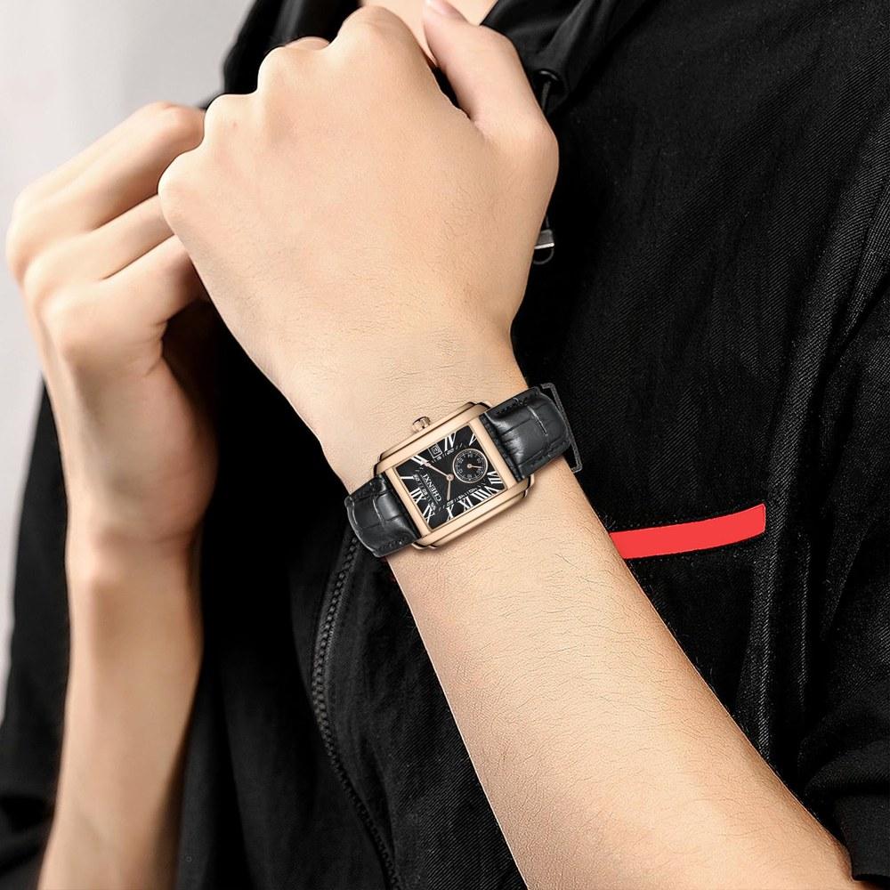 JewelryWe Men's Leather Belt Square Watch Calendar Antique Style Roman Analog Display 3ATM Waterproof Quartz Black Business Casual Fashion Accessory