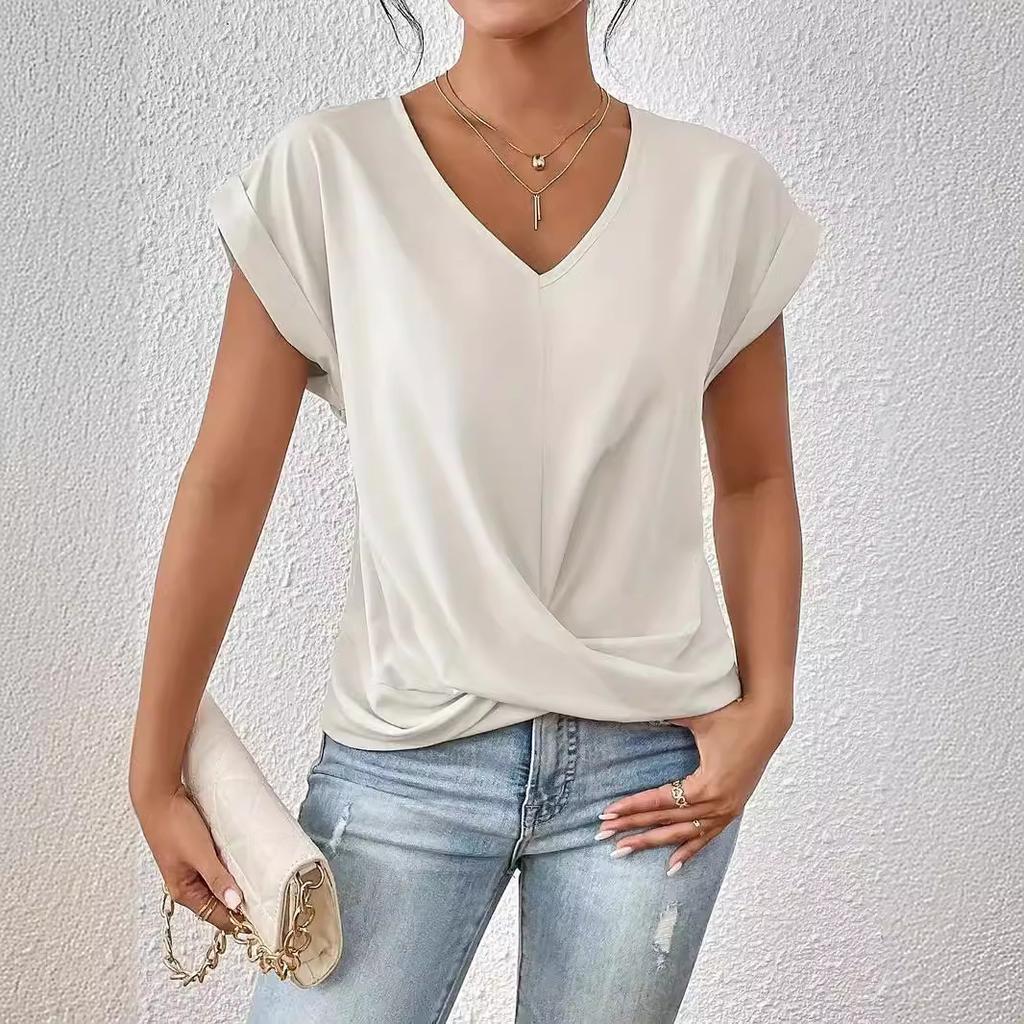 Casual Solid Color V-neck Top Elegant Short Sleeve Fashionable Versatile Tops Women’s