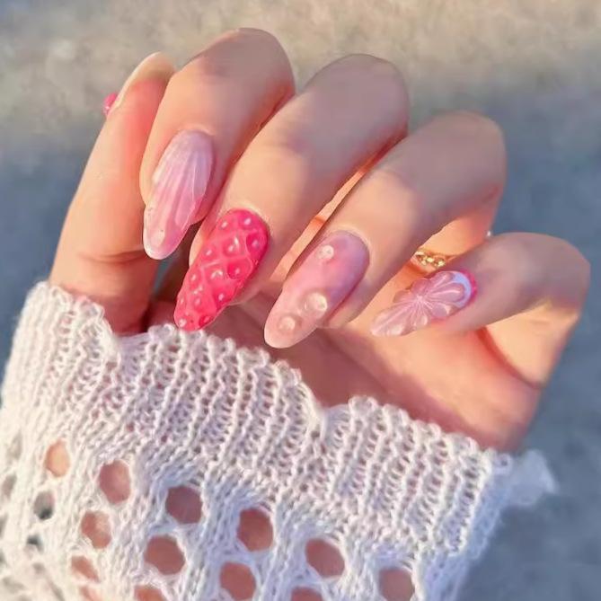 Water Cherry Wear Nail Art Tablet Three-Dimensional 3D Fake Nail Shell Pattern Nail Art Sticker Finished Product yellow jelly glue + rubbing strips