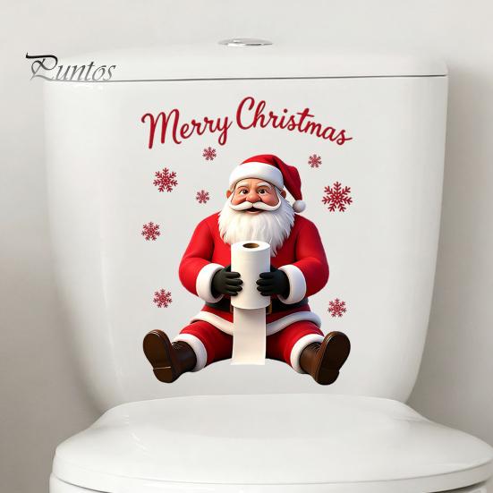 Festive Party Wall Murals Santa Claus Toilet Sticker, Waterproof PVC Christmas Bathroom Decal for Decorative Snowflake Appliques Home Decoration,