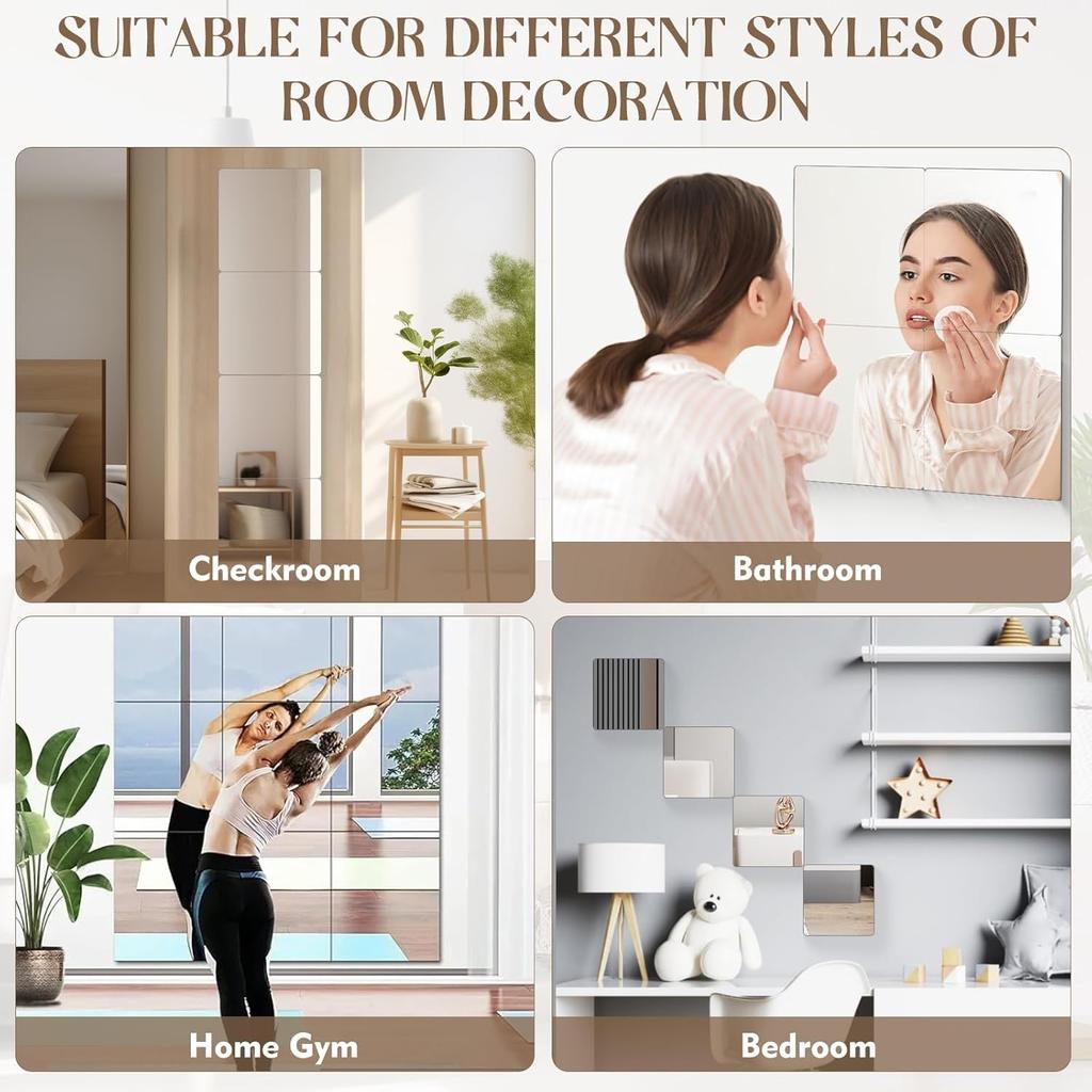 4 Pack Self Adhesive Acrylic Mirror, 8 x 8 Inch Frameless Shatterproof Stick on Mirrors for Wall, Flexible Plastic Wall Mirrors for Home Gym,