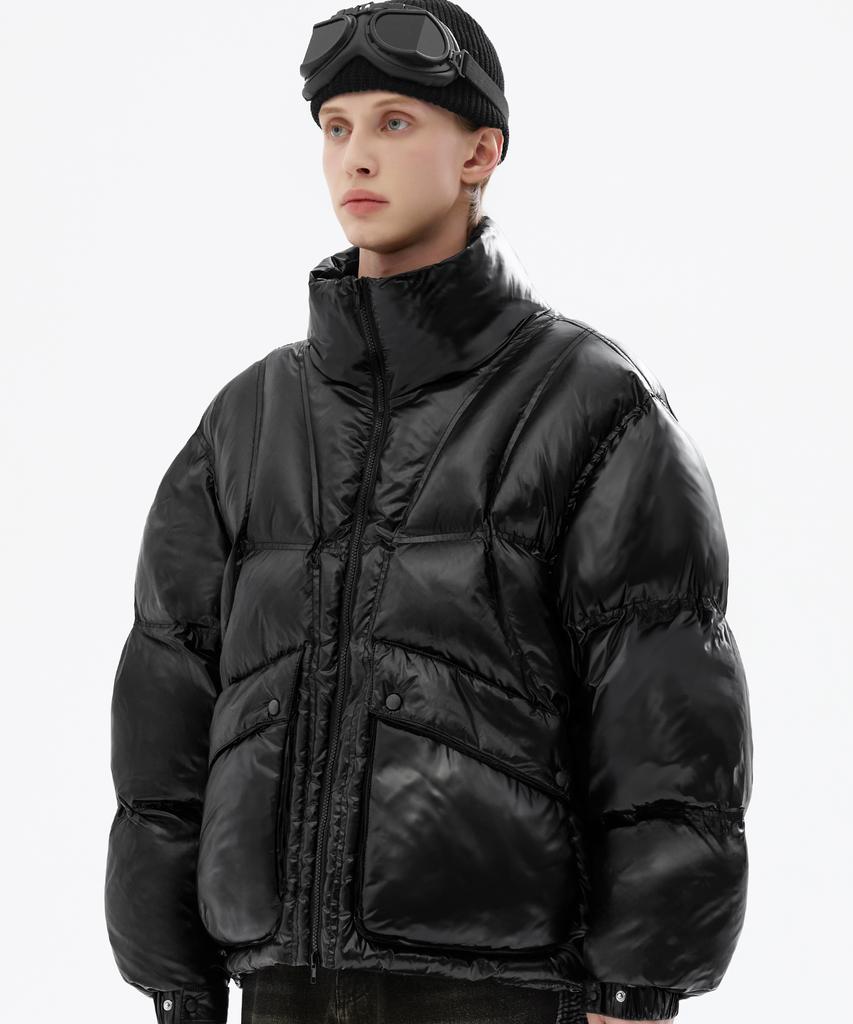 Trillion Incision Line Glossy Puffer Short Padded Jacket [Black]