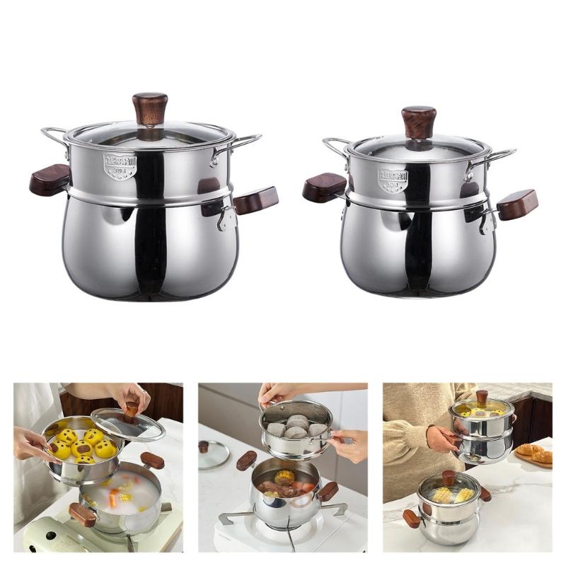 Premium 304 Stainless Steel Double Layer Steamer Pot with Wood Handle Suitable for Efficient and Even Cooking Experience