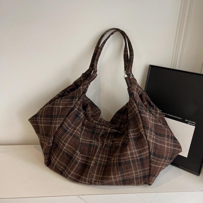 Chic Plaid Nylon Large Capacity Tote Bag Women Casual Top Handle Hobo Shoulder Shopper with Fixed Strap For Daily Work CLE