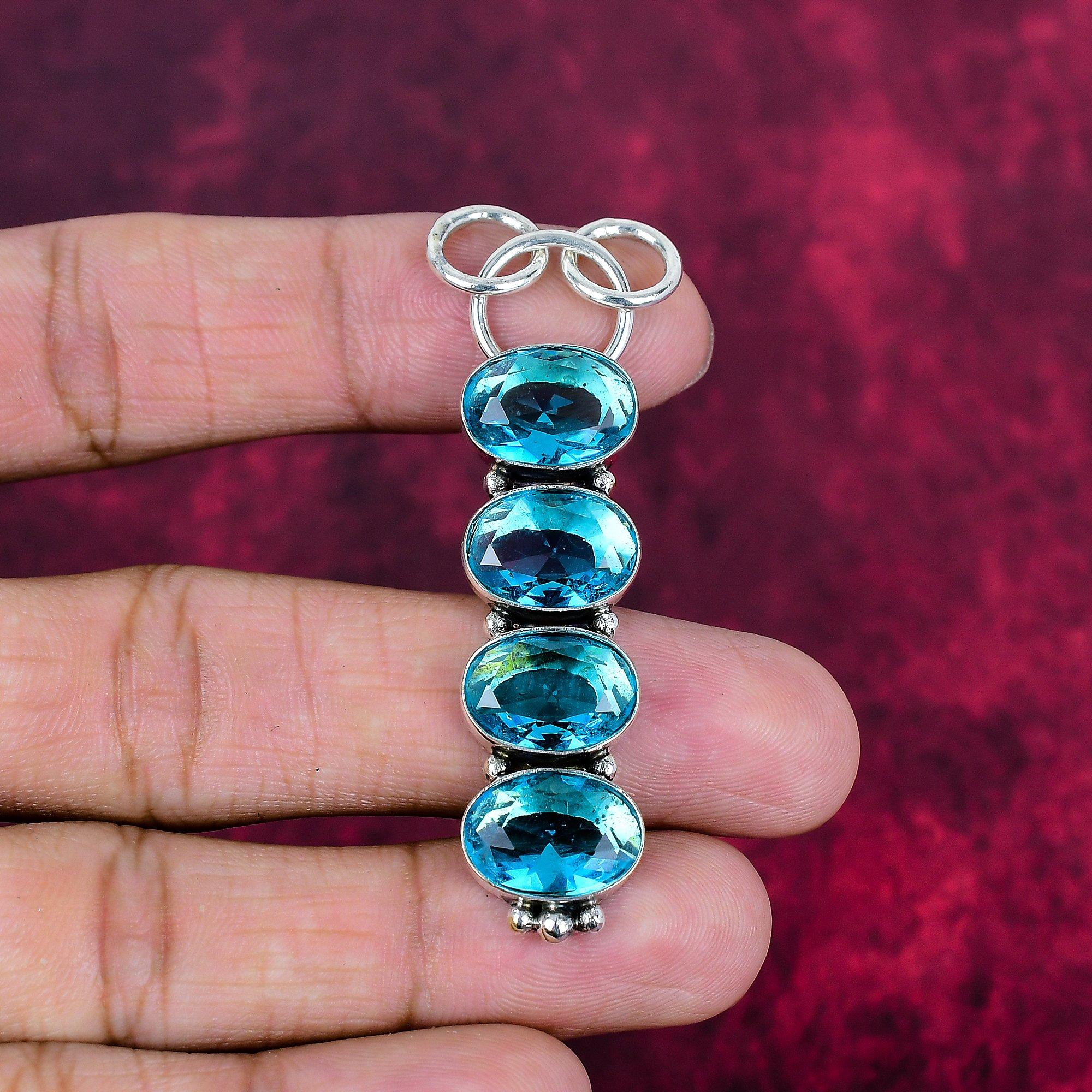 

Подвеска с голубым топазом, ювелирные изделия из цельного серебра 925 пробы с драгоценными камнями, подвеска ручной работы, на День благодарения 2.63 Inches синий