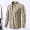 Stand Collar Cross Lace-up Men Shirt Long Sleeve Moisture-wicking Anti-pilling Solid Color Slim Casual Top Streetwear