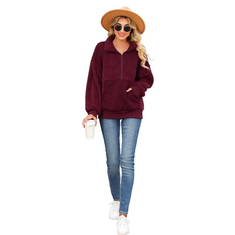 New Autumn Women's Round Neck Long-sleeved Pullover Zipper Medium and Long Solid Color Plush Splicing Sweater