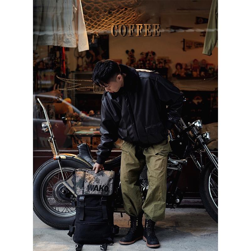 Normanlong Men's Retro A2 Aviator Jacket - American Military Vietnam War Leather with Fur Collar & Cotton Lining