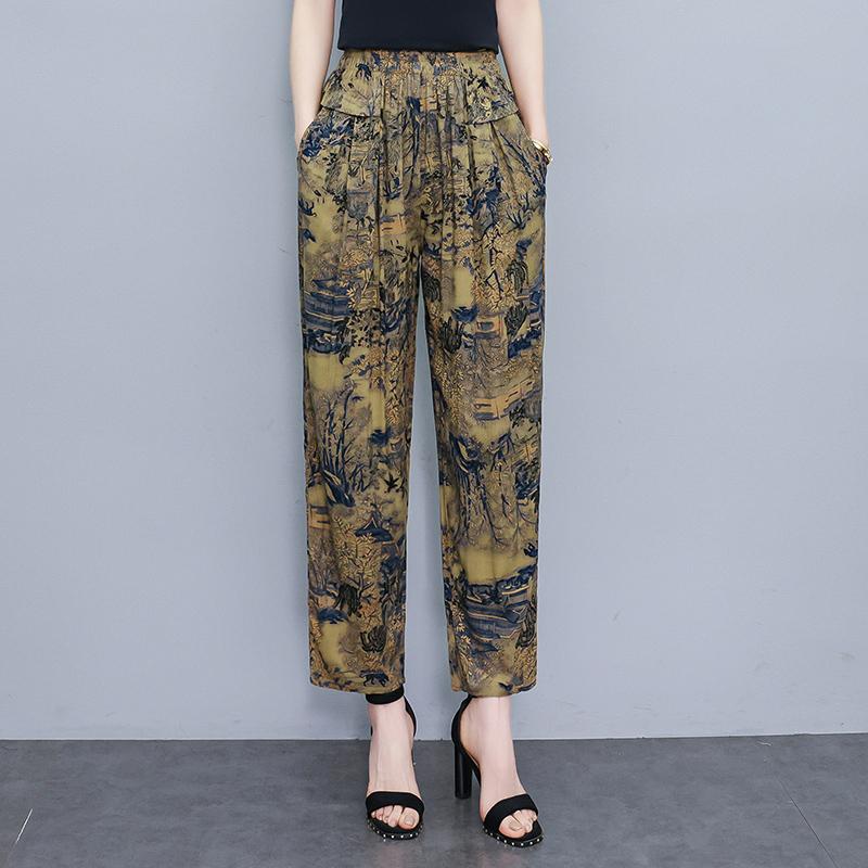 Pantalons pour femmes taille haute grande taille, pantalons amples vintage d'été, taille élastique, vêtements pour femmes d'âge moyen