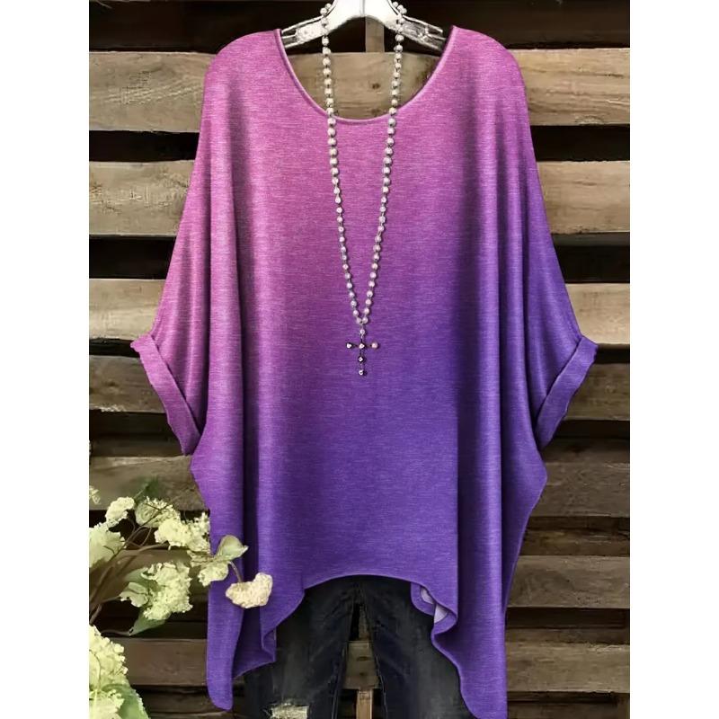 Vintage Women's T-Shirt Color Gradient Print Elegant Asymmetrical Hem O-Neck Short Sleeve Top Casual Fashion Street Outdoor Tops
