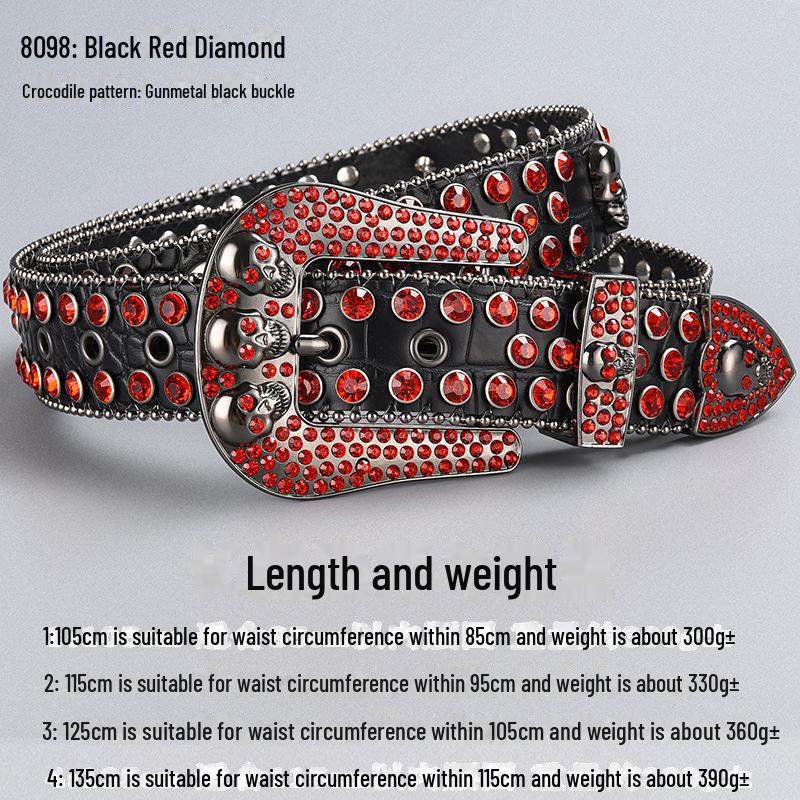 Curea de lux cu cataramă cu strasuri și craniu închis la culoare, cu paiete și diamante