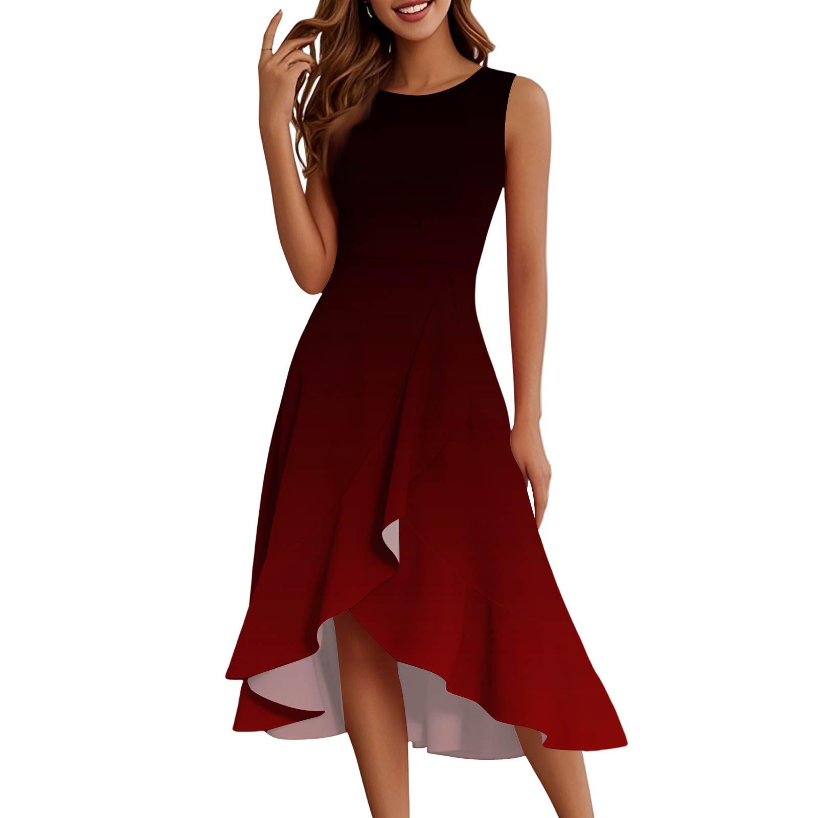 Women s Fashion Casual Zip Sleeveless Round Neck Printed Elegant Temperament Ruffle Gown Dresses S винный