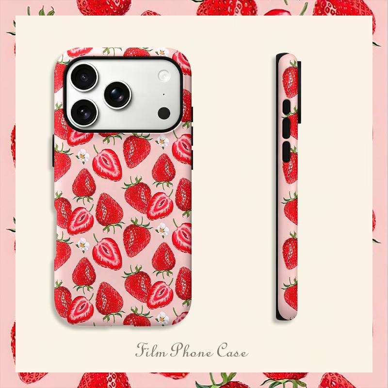 Pink Base Fresh Strawberry Tiny Flower Print Soft Silicone Phone Case Cute Girly Fruit Aesthetic Shockproof Protective Cover For All Iphone Models