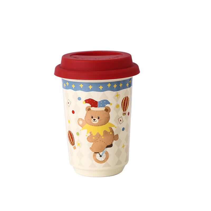 Circus Cartoon with Lid Household Casual Cup Water Cup Gift Ceramic Coffee Cup Breakfast Cup High Appearance