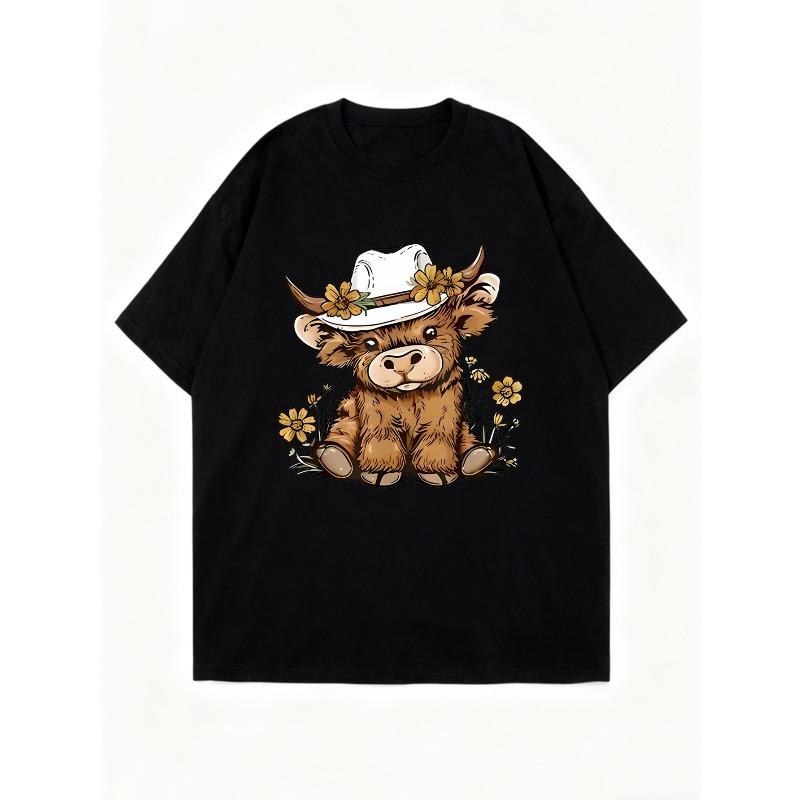 Oversized T Shirt Black Cute Bull Wearing Cowboy Hat With Flowers Print Casual Summer Outfit For Women