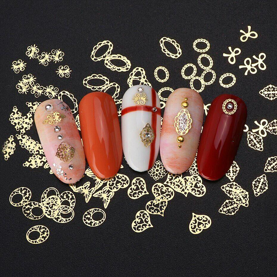 Decorazione vintage con fascino per nail art, paillettes, fiori, farfalle, in metallo dorato, vintage