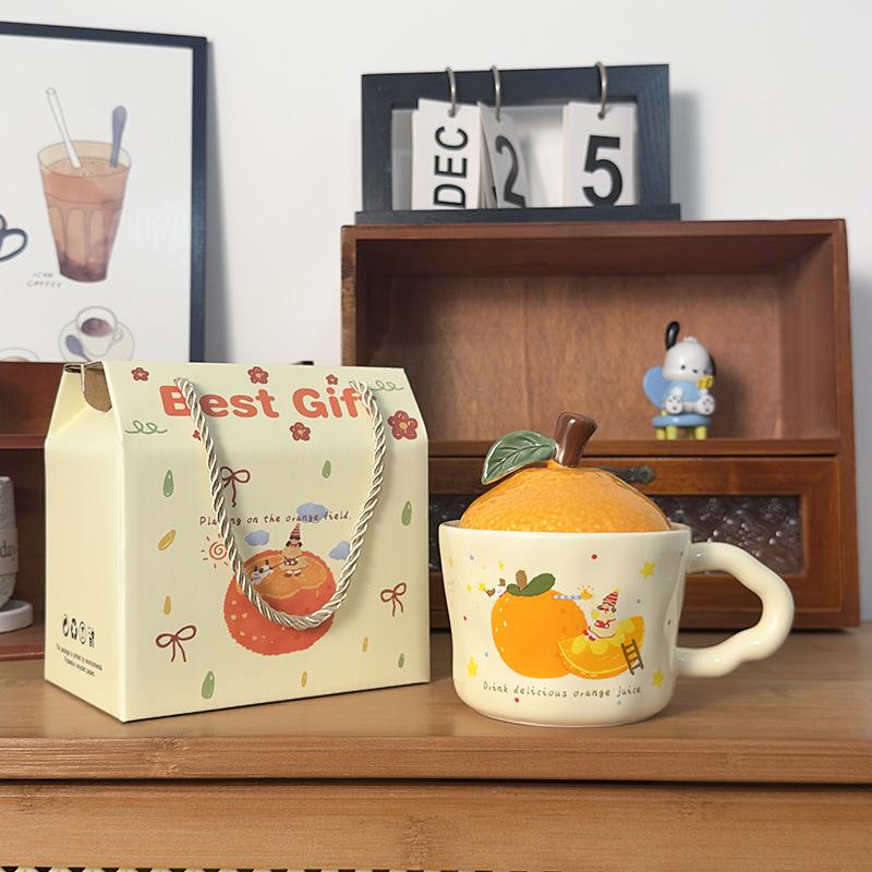 Cute Orange Cat Mug with Lid Creative Good Luck Cup Girls Home Coffee Cup Chinese New Year Gift