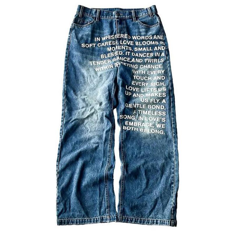 PlusGlamour Unisex Vintage Letter Print Women Man Jeans Y2k Harajuku Washed Wide Leg American Style Denim Pants Baggy Hip Hop Streetwear XXL