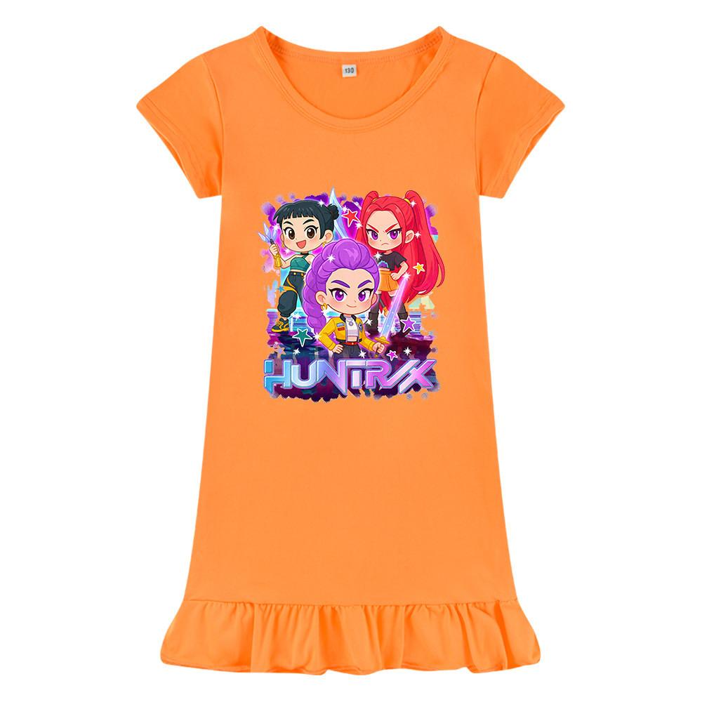 M1222 Kids Girls Kpop Rumi Zoey Mira Print Short Sleeves Ruffle Dress