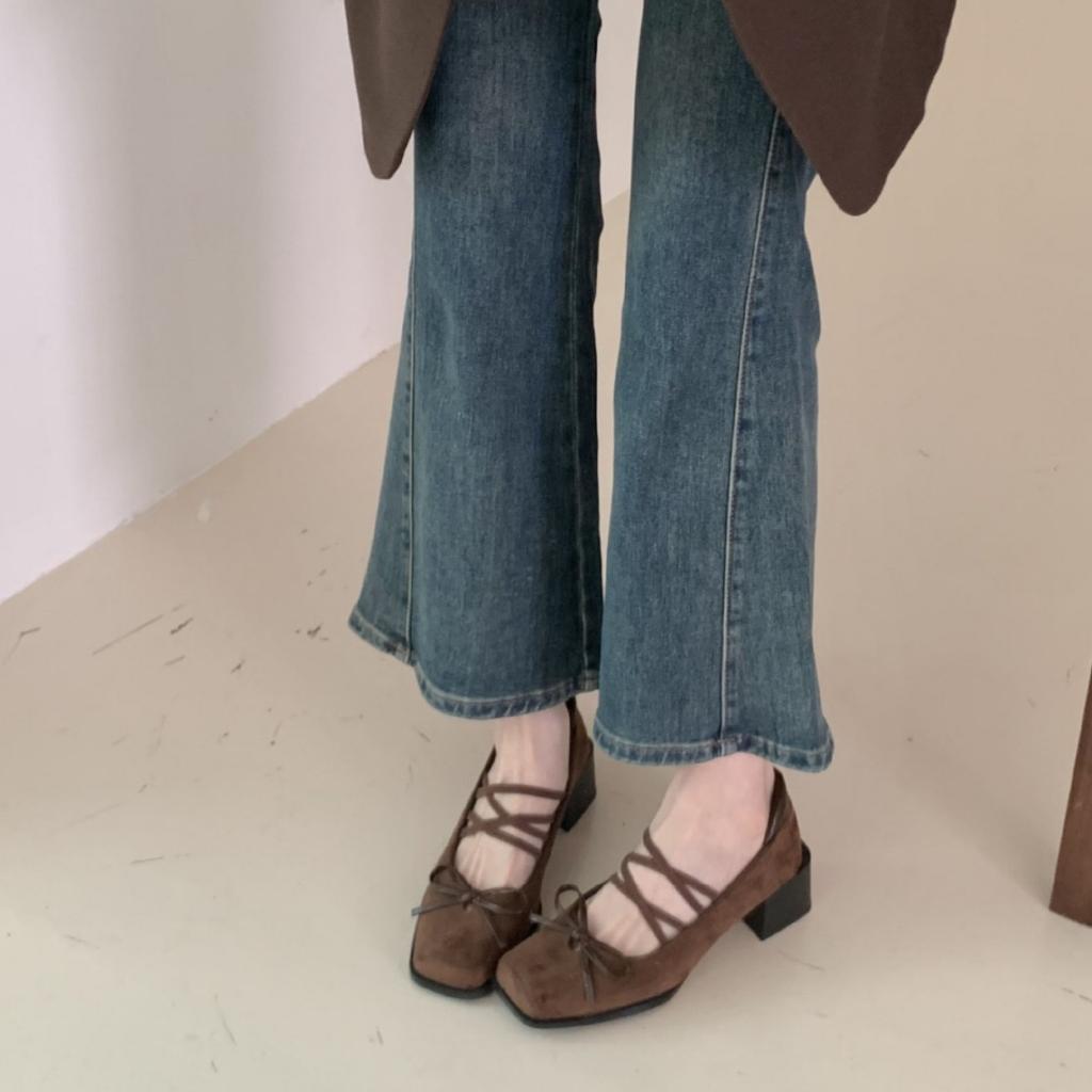 2025 Autumn New Temperament Versatile Square Head Simple Fairy Style Bow Internet Celebrity Comfortable Explosion Thick Heel Shoes