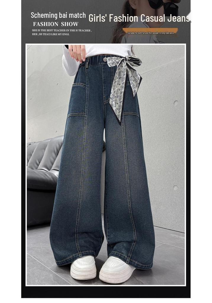Girls' High-Waisted Wide-Leg Jeans - Deep Blue Multi-Pocket Slimming Pants for Older Children