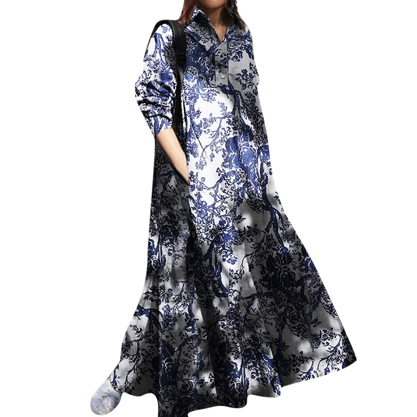 

Women s Retro Ethnic V-neck Printed Loose Fitting Long Sleeved Dress XL
