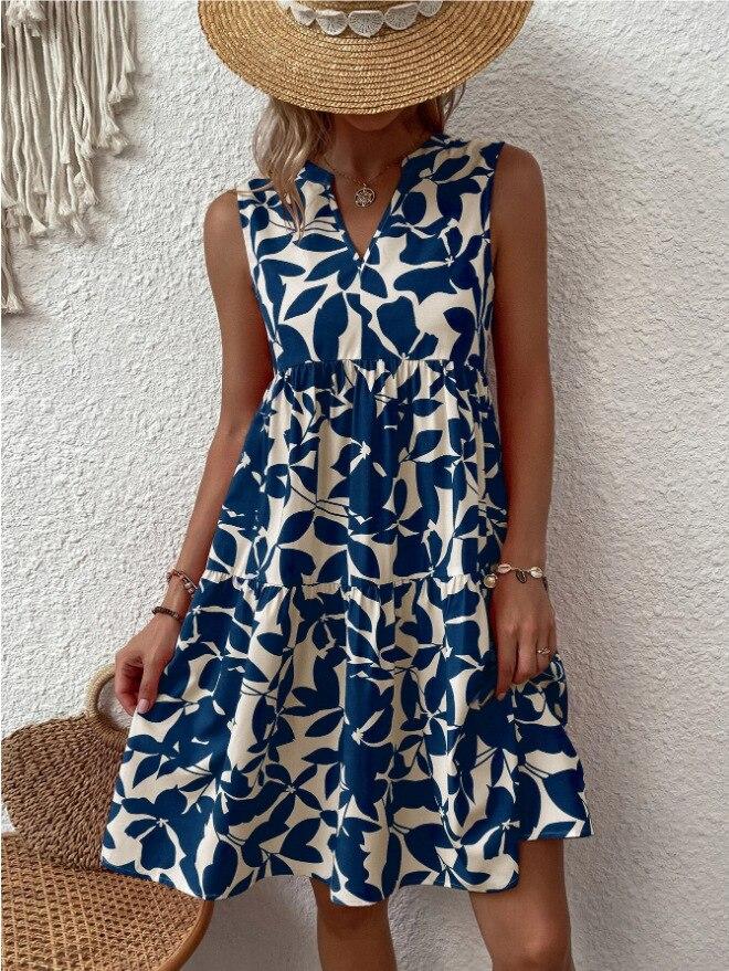 Sleeveless V-neck Bohemian Dresses Fashion A-line Dress Casual Plant Flower Printed Pleated Dress Women Summer Loose Robe 25270