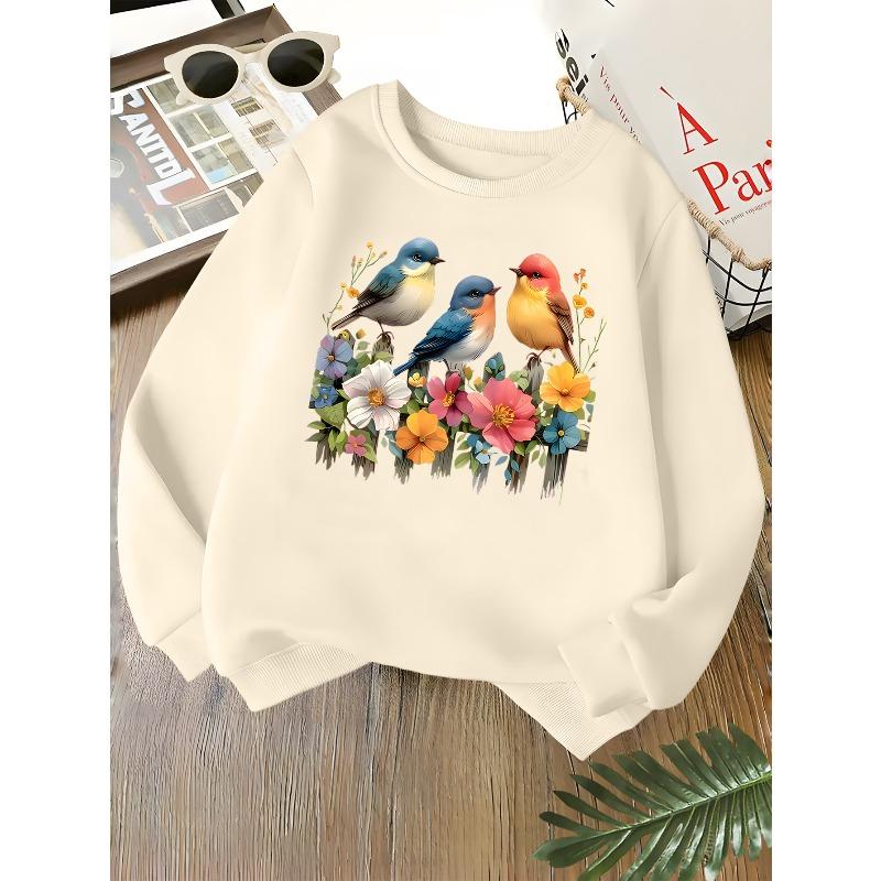Kids Unisex Crewneck Sweatshirt, Colorful Wildflowers Three Cute Birds On Fence Art Print Soft Long Sleeve Pullover For Boys Girls Over 4 Years Old