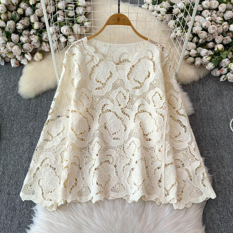 

Вязаный крючком ажурный трикотаж с длинными рукавами для валторны, женская летняя одежда, ленивый и свободный крой, стройнящая верхняя одежда, блузка с защитой от солнца White One size