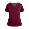 Women's Fashionable Solid Color V-neck Double Pocket Short Sleeved Shirt With Slit Hem Uniform And Worker Top