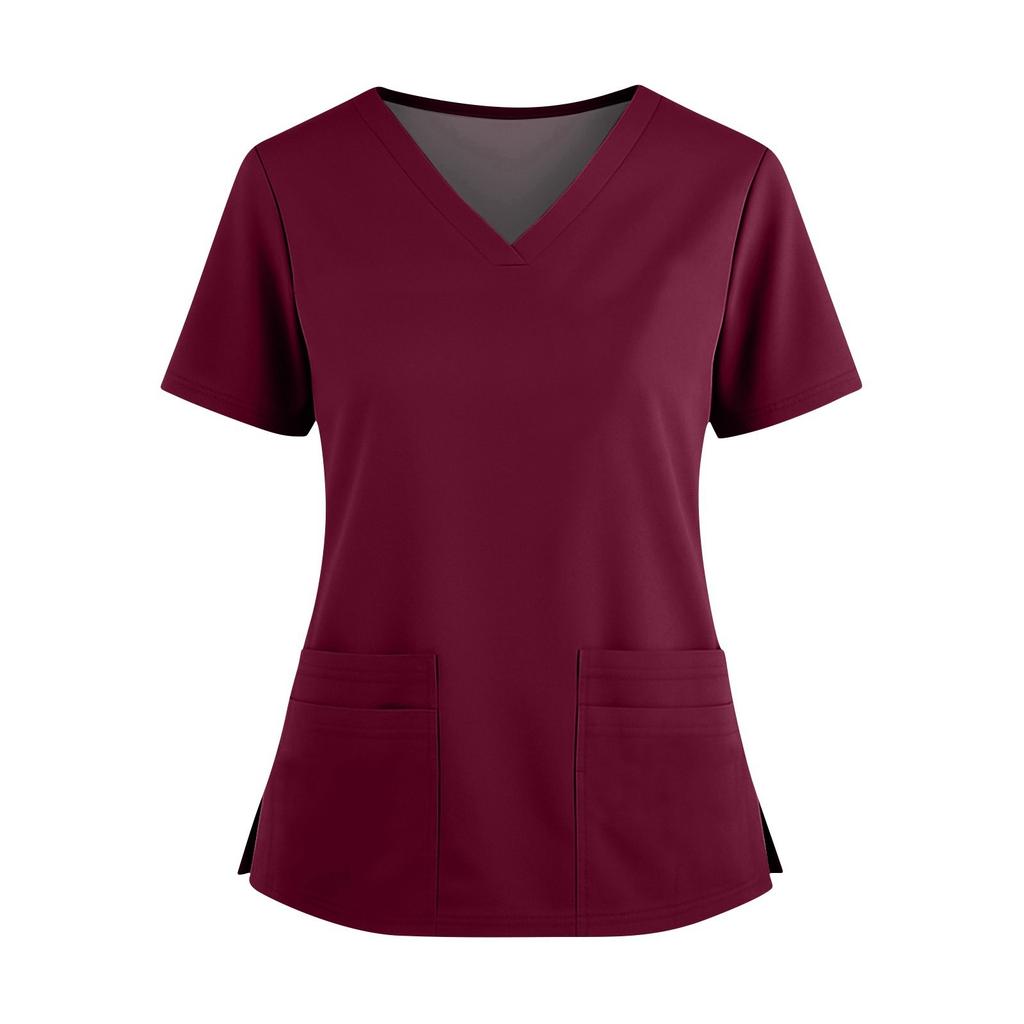 Women's Fashionable Solid Color V-neck Double Pocket Short Sleeved Shirt With Slit Hem Uniform And Worker Top