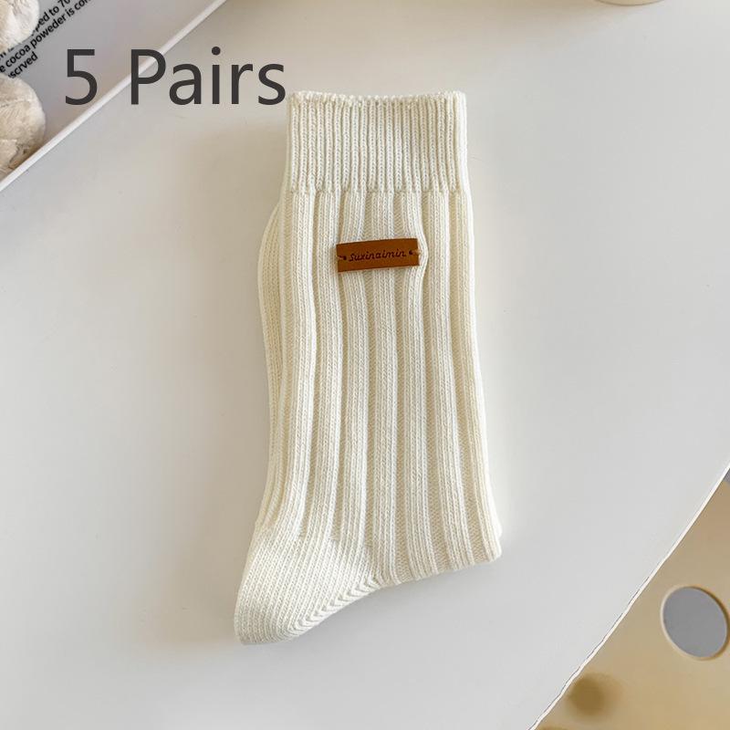 

5 пар женских носков весна-осень нового стиля Small College Wind Pipe Pile Socks 5 Pairs слоновая кость