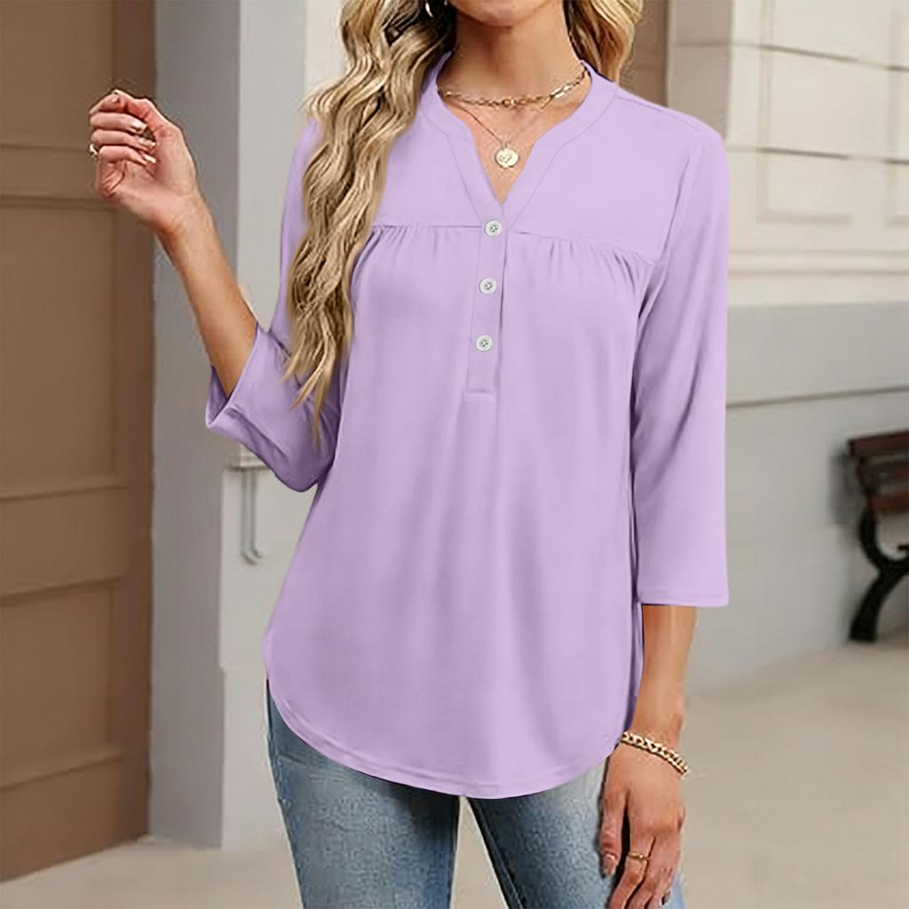 Women's Fashionable Casual Color V-Neck Decorative Button Three-Quarter Sleeve T-Shirt Top