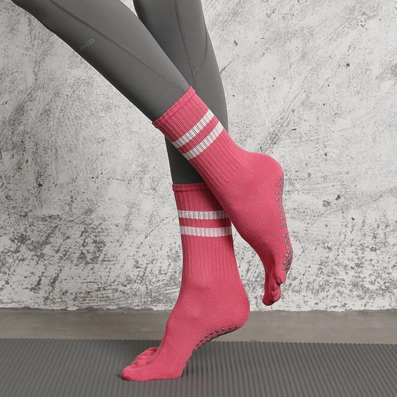 Yoga Long Tube Socks for Women In Spring, Anti-slip Pilates Sports, Five-finger Striped Sports Socks