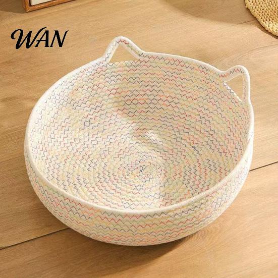 Panier Nid de Couchage pour Chat Corde de Coton Animal de Compagnie avec Design d'Oreilles Tissé à la Main pour Chats Chiots Lapins Petits Animaux Coussin