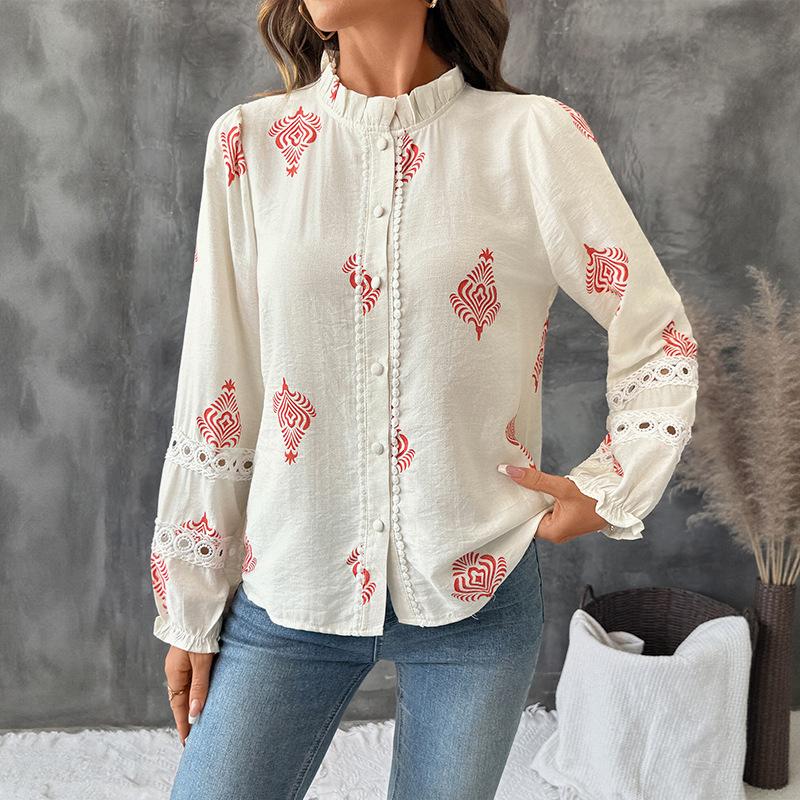 New Autumn Casual Ethnic Style Coat with Lace Single-button Stand-up Collar and Printed Shirt for Women