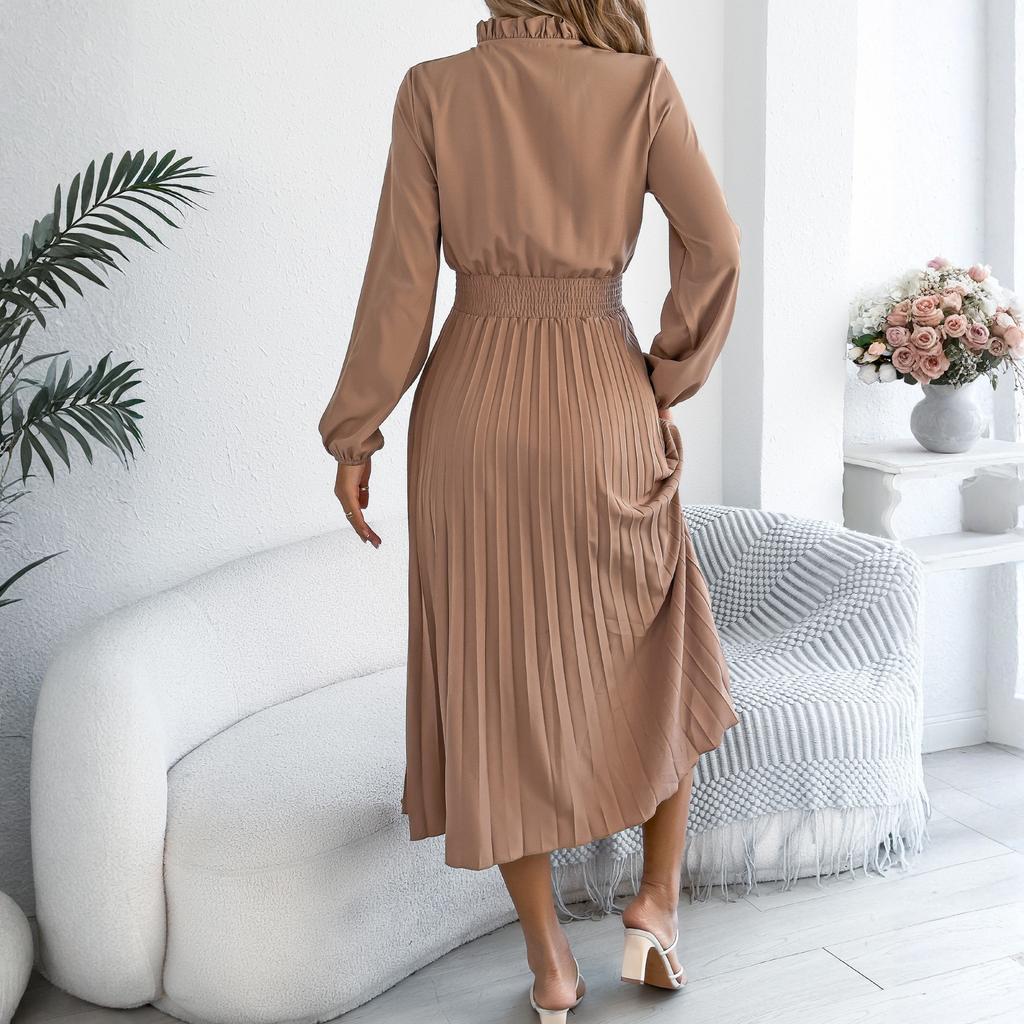 Women's Fashionable Casual Loose-Fit Tie-Waist Bell-Sleeve Pleated Dress