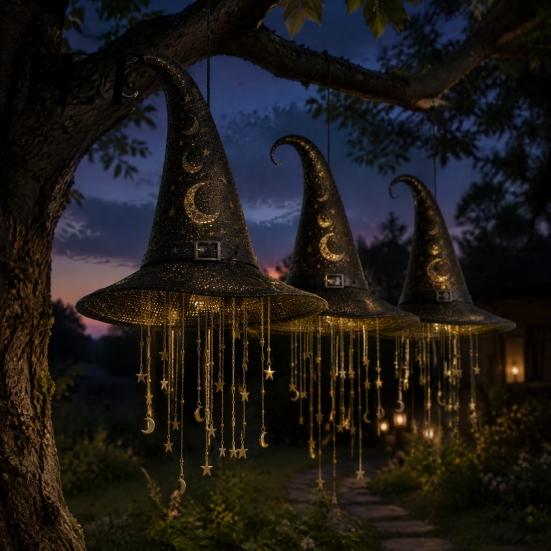 Easy Install Halloween Lights Light Up Witch Hat Hanging Lamp, Glowing Ornament with Twinkling Sparkling Star Window Pendant Stars Moon, Indoor