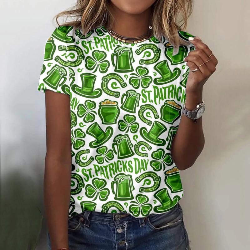 Summer Casual Clover 3D Printed Short Sleeved Round Neck T-shirt for Women
